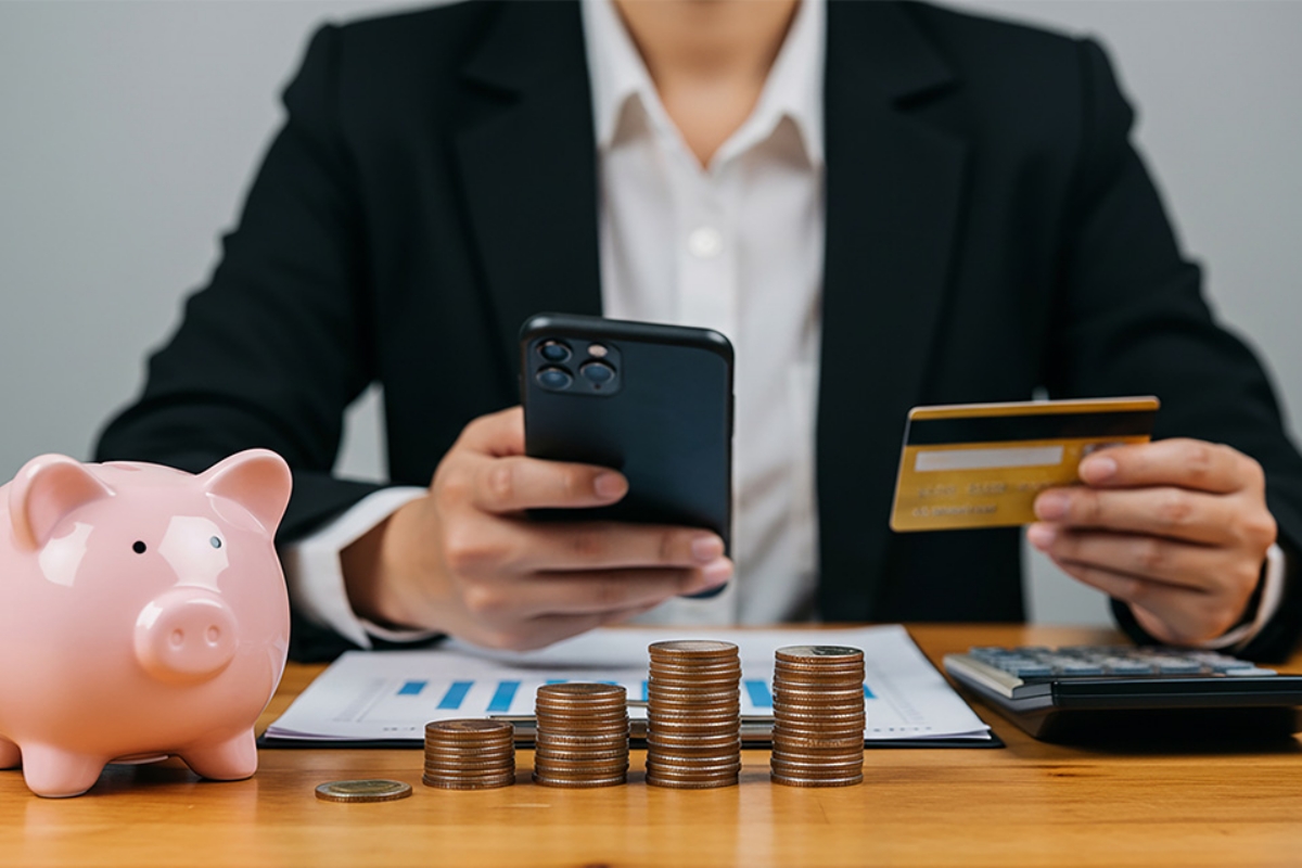 © Sultan - stock.adobe.com Mann mit Smartphone, Bankomatkarte, Sparschwein und Münzen