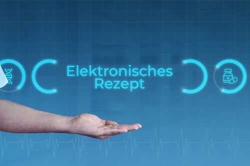 Aufgehaltene Hand unter Schriftzug Elektronisches Rezept